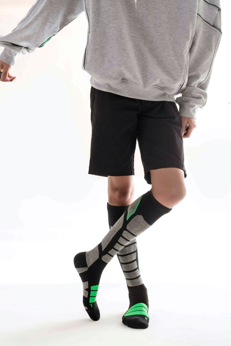 Gray and Green Unisex Merino wool Ski Socks